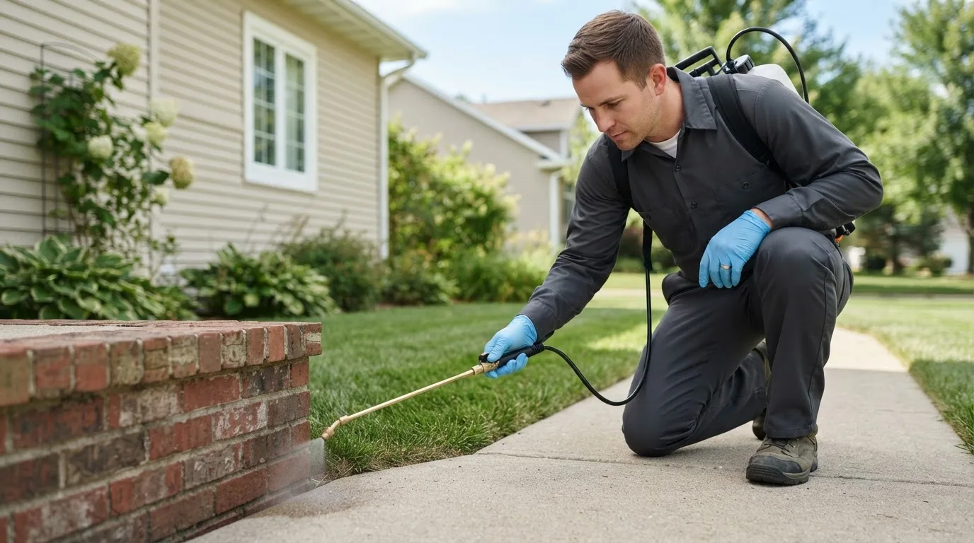 Pest control technician treating a home near Rockport, MA